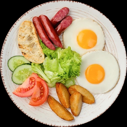 Яєчня з овочами та запеченою картоплею