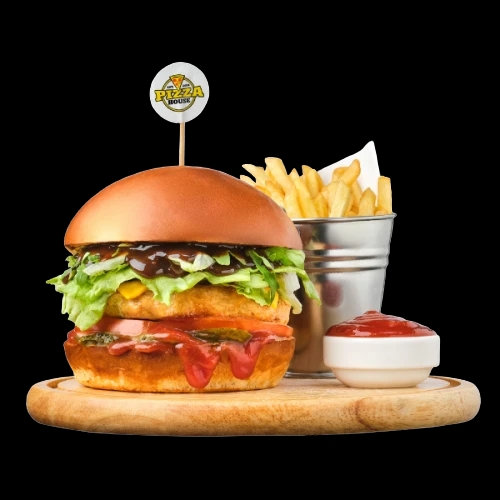 Бургер PARTY з ніжною куркою, картоплею фрі та соусом