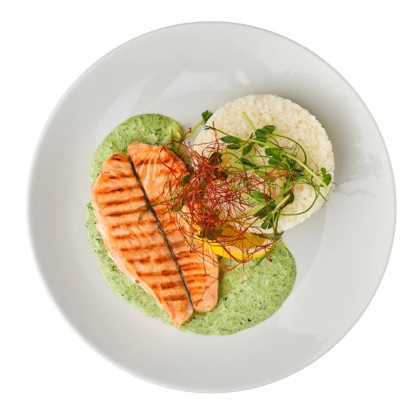 Стейк з лосося з паровим рисом